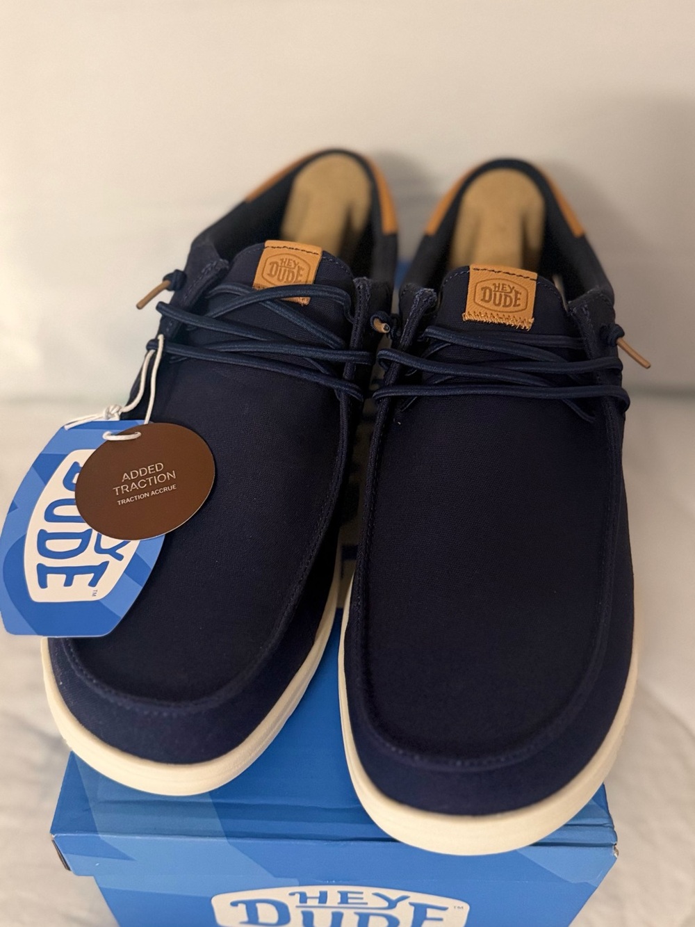 Hey Dude Navy Canvas Lace-Up Slip-Ons with Tan Accents